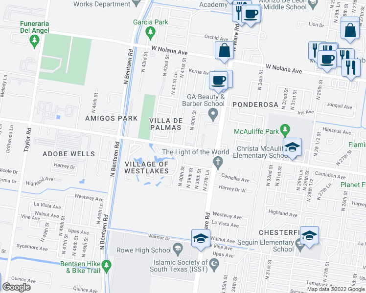 map of restaurants, bars, coffee shops, grocery stores, and more near 3912 West Daffodil Avenue in McAllen