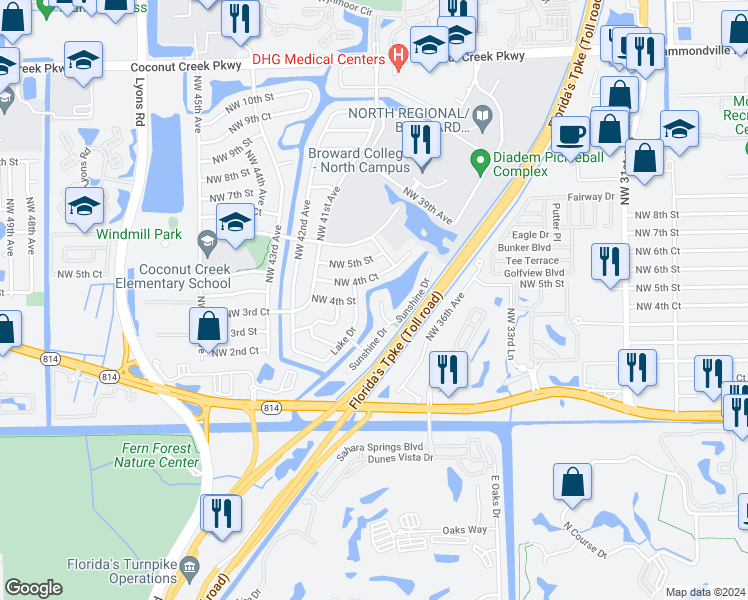 map of restaurants, bars, coffee shops, grocery stores, and more near 351 Sunshine Drive in Coconut Creek