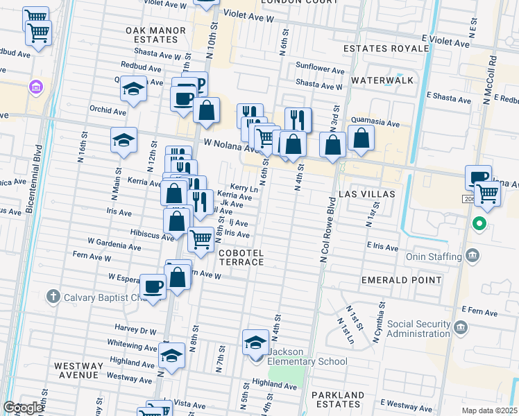 map of restaurants, bars, coffee shops, grocery stores, and more near 3512 North 6th Street in McAllen