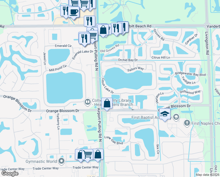 map of restaurants, bars, coffee shops, grocery stores, and more near 2571 Citrus Lake Drive in Naples