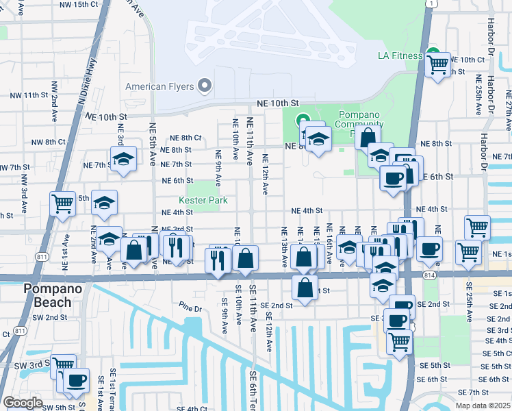 map of restaurants, bars, coffee shops, grocery stores, and more near 1160 Northeast 4th Street in Pompano Beach