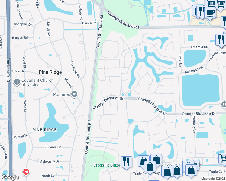 map of restaurants, bars, coffee shops, grocery stores, and more near 6834 Lantana Bridge Road in Naples