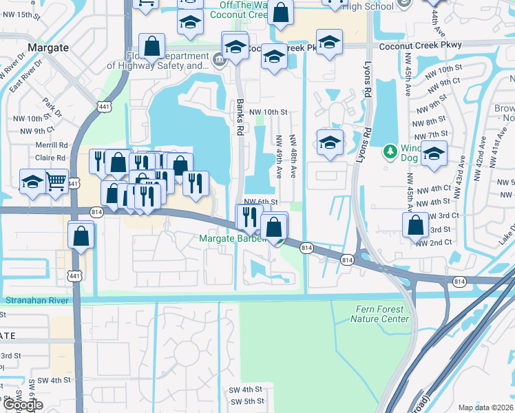 map of restaurants, bars, coffee shops, grocery stores, and more near 4966 Northwest 6th Street in Coconut Creek