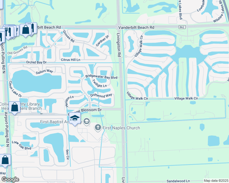 map of restaurants, bars, coffee shops, grocery stores, and more near 3045 Driftwood Way in Naples