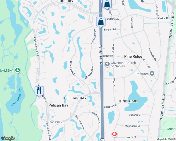 map of restaurants, bars, coffee shops, grocery stores, and more near 6917 Oakmont Parkway in Naples