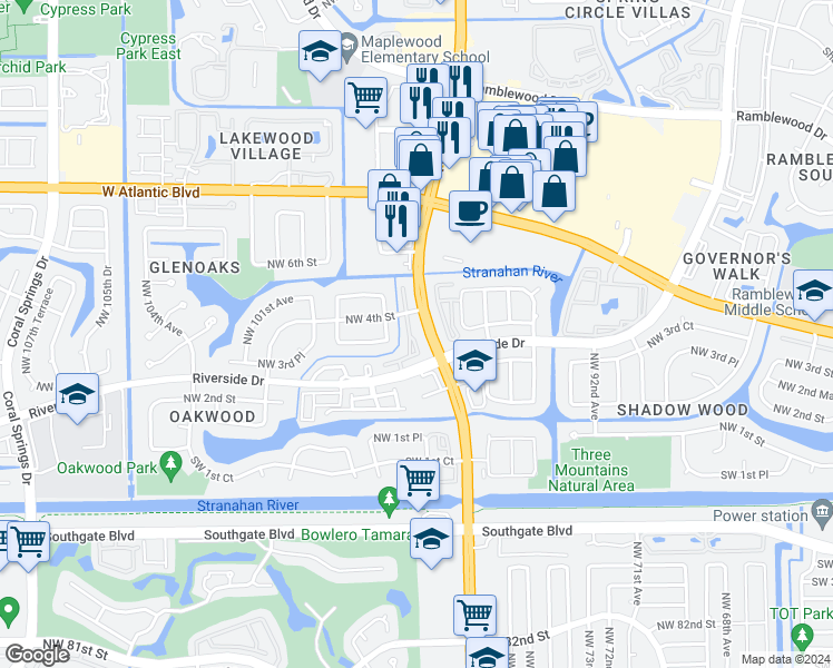 map of restaurants, bars, coffee shops, grocery stores, and more near 9625 Riverside Drive in Coral Springs
