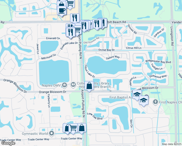 map of restaurants, bars, coffee shops, grocery stores, and more near 2571 Citrus Lake Drive in Naples