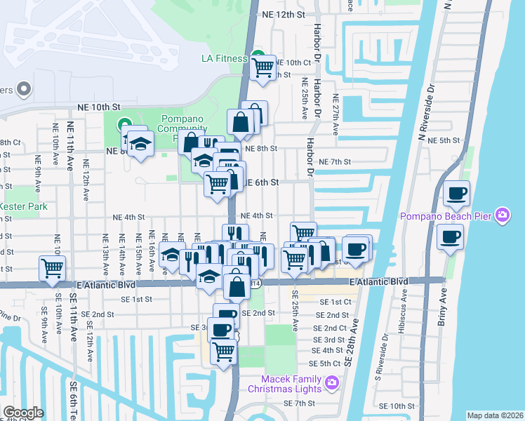 map of restaurants, bars, coffee shops, grocery stores, and more near 232 Northeast 22nd Avenue in Pompano Beach