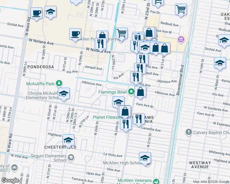 map of restaurants, bars, coffee shops, grocery stores, and more near 2501 Hibiscus Avenue in McAllen