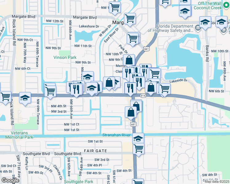 map of restaurants, bars, coffee shops, grocery stores, and more near 6200 Northwest 6th Street in Margate