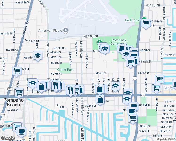 map of restaurants, bars, coffee shops, grocery stores, and more near 505 Northeast 12th Avenue in Pompano Beach