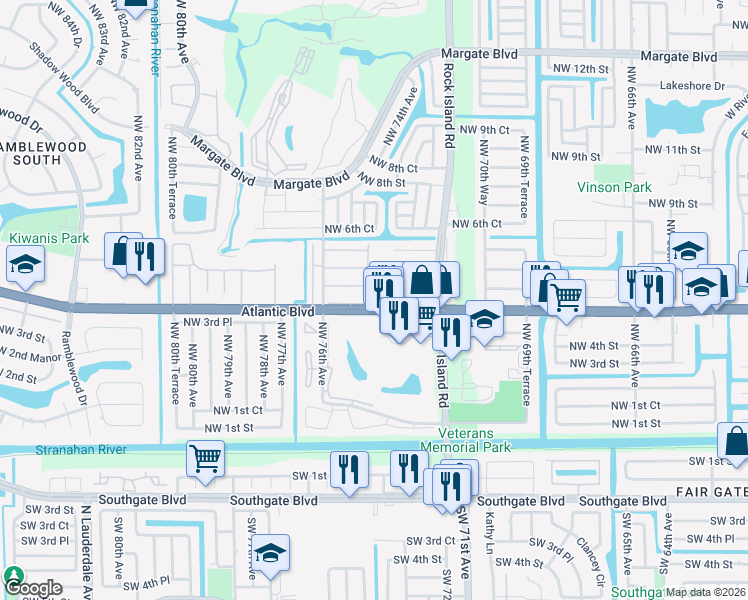 map of restaurants, bars, coffee shops, grocery stores, and more near 7400 Northwest 4th Place in Margate