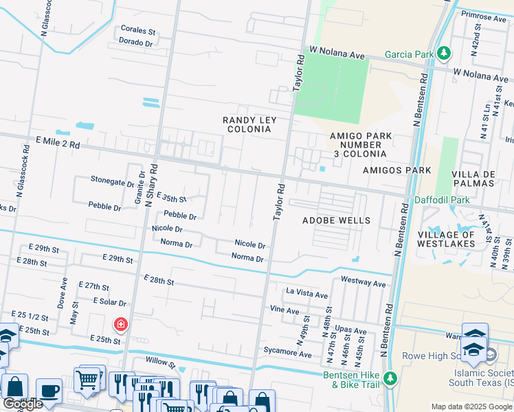 map of restaurants, bars, coffee shops, grocery stores, and more near 3103 Melody Lane in Mission