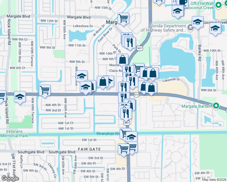 map of restaurants, bars, coffee shops, grocery stores, and more near 6100 Alan Road in Margate