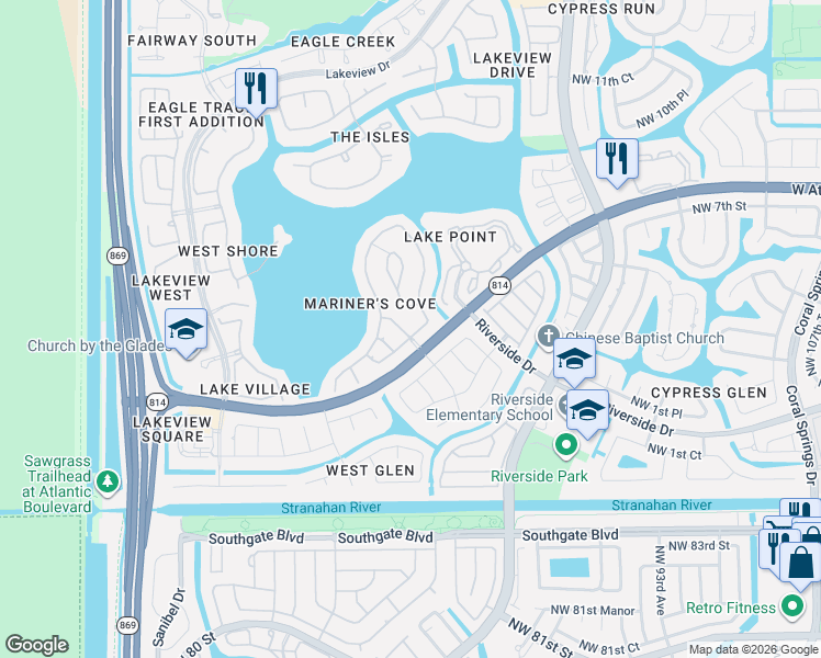 map of restaurants, bars, coffee shops, grocery stores, and more near 392 Northwest 118th Terrace in Coral Springs