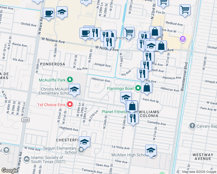 map of restaurants, bars, coffee shops, grocery stores, and more near 3316 North 27 1/2 Street in McAllen