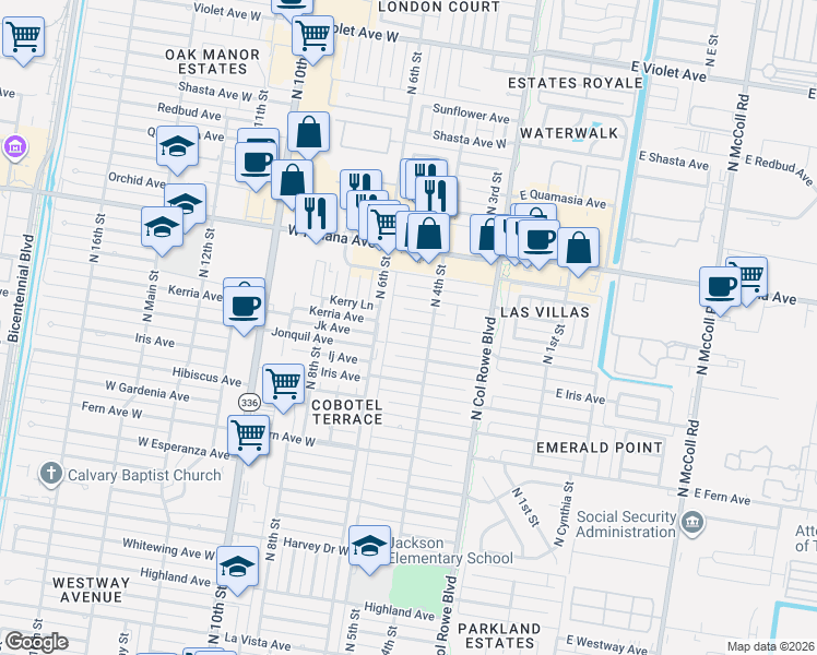 map of restaurants, bars, coffee shops, grocery stores, and more near 412 Larkspur Avenue in McAllen