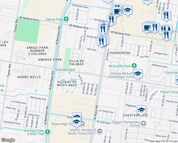 map of restaurants, bars, coffee shops, grocery stores, and more near 3832 West Daffodil Avenue in McAllen