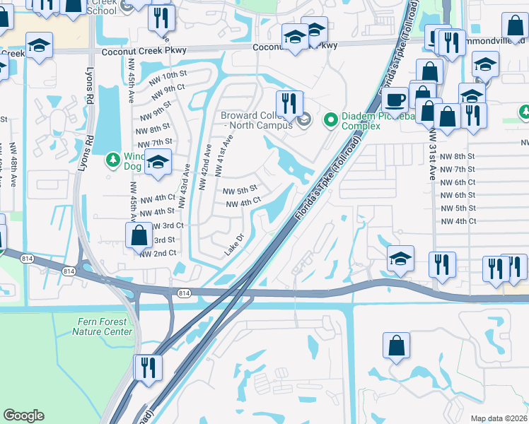 map of restaurants, bars, coffee shops, grocery stores, and more near 3931 Northwest 4th Court in Coconut Creek