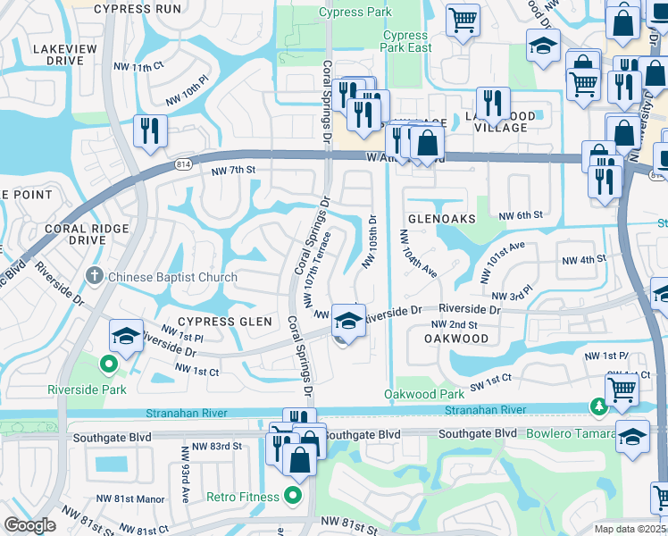 map of restaurants, bars, coffee shops, grocery stores, and more near 447 Northwest 107th Avenue in Coral Springs