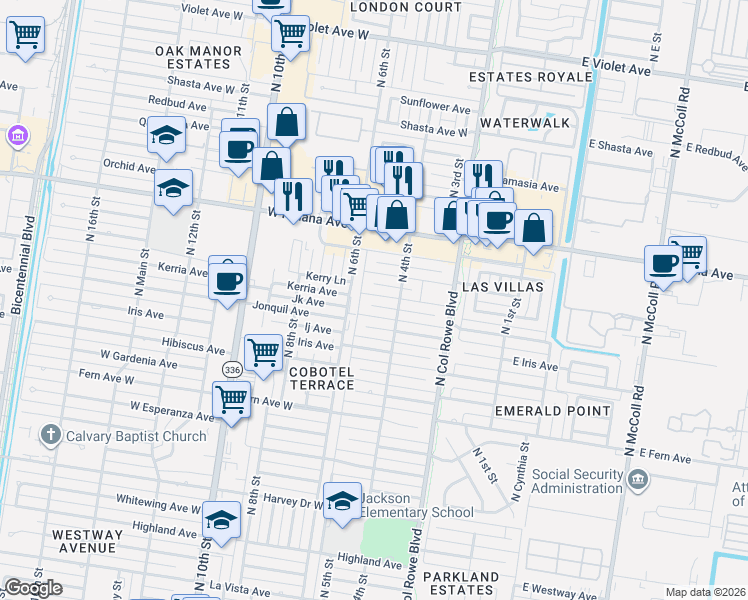map of restaurants, bars, coffee shops, grocery stores, and more near 412 Larkspur Avenue in McAllen