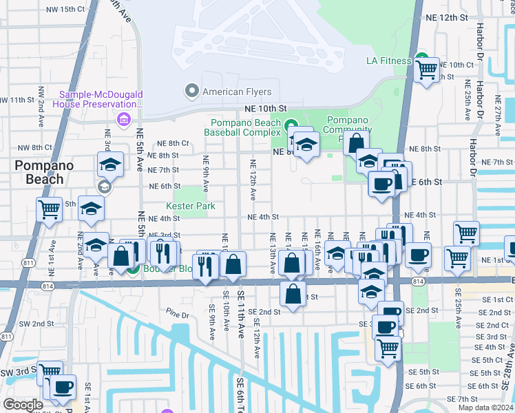 map of restaurants, bars, coffee shops, grocery stores, and more near 505 Northeast 12th Avenue in Pompano Beach
