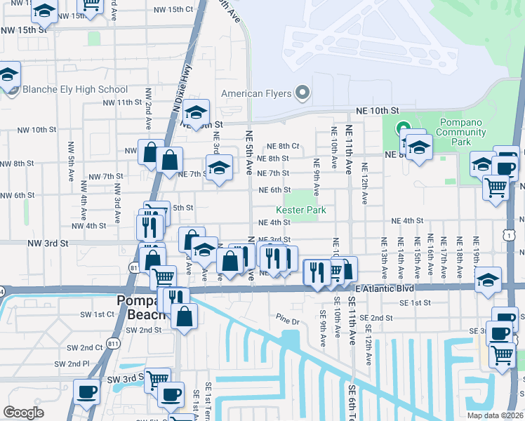 map of restaurants, bars, coffee shops, grocery stores, and more near 551 Northeast 5th Street in Pompano Beach