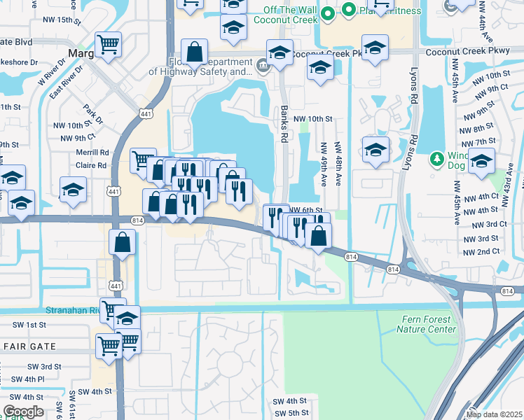 map of restaurants, bars, coffee shops, grocery stores, and more near 416 Lakeside Drive in Margate