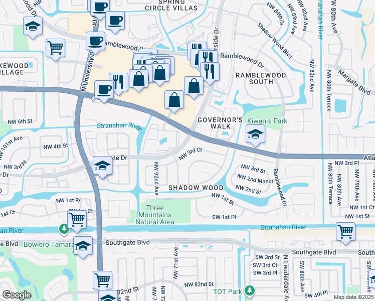 map of restaurants, bars, coffee shops, grocery stores, and more near 8933 Northwest 3rd Court in Coral Springs