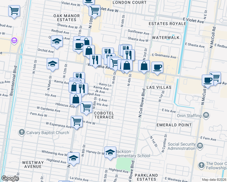 map of restaurants, bars, coffee shops, grocery stores, and more near 601 Kerry Lane in McAllen