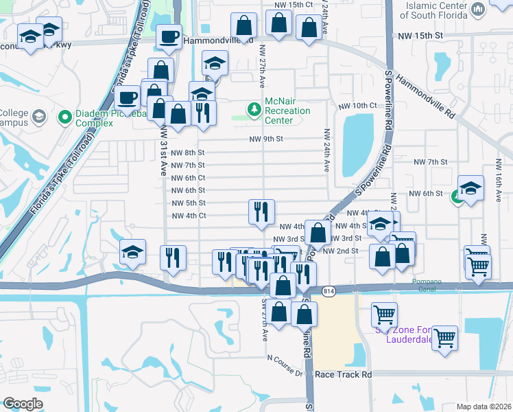 map of restaurants, bars, coffee shops, grocery stores, and more near 2710 Northwest 6th Street in Pompano Beach