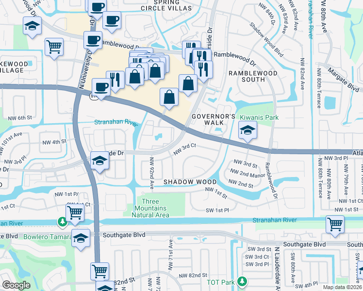 map of restaurants, bars, coffee shops, grocery stores, and more near 8933 Northwest 3rd Court in Coral Springs