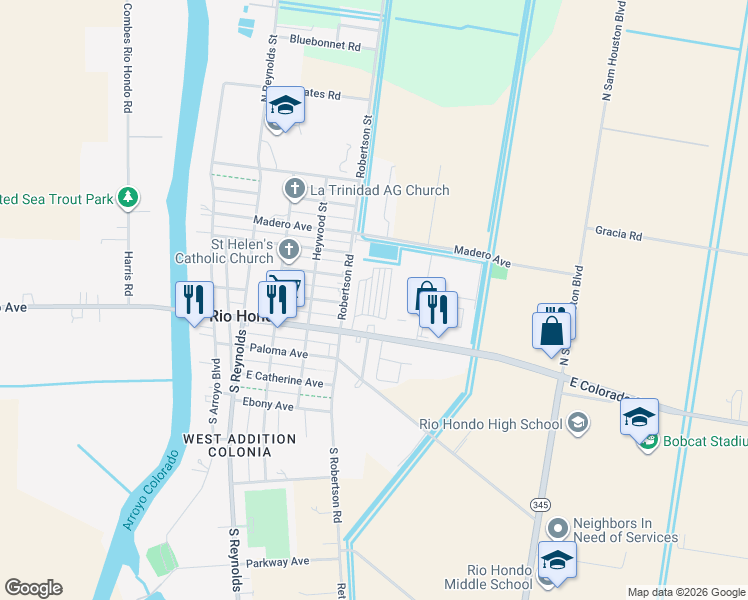 map of restaurants, bars, coffee shops, grocery stores, and more near 107 E Colorado St in Rio Hondo