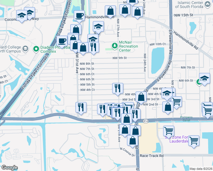 map of restaurants, bars, coffee shops, grocery stores, and more near 2768 Northwest 5th Street in Pompano Beach