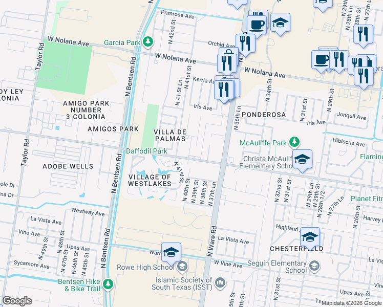 map of restaurants, bars, coffee shops, grocery stores, and more near 3100 North 40th Street in McAllen