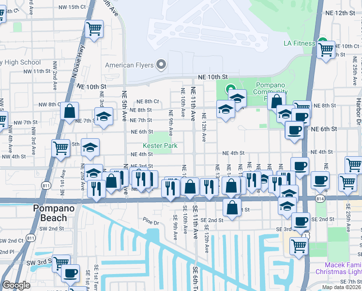map of restaurants, bars, coffee shops, grocery stores, and more near 506 Northeast 10th Avenue in Pompano Beach