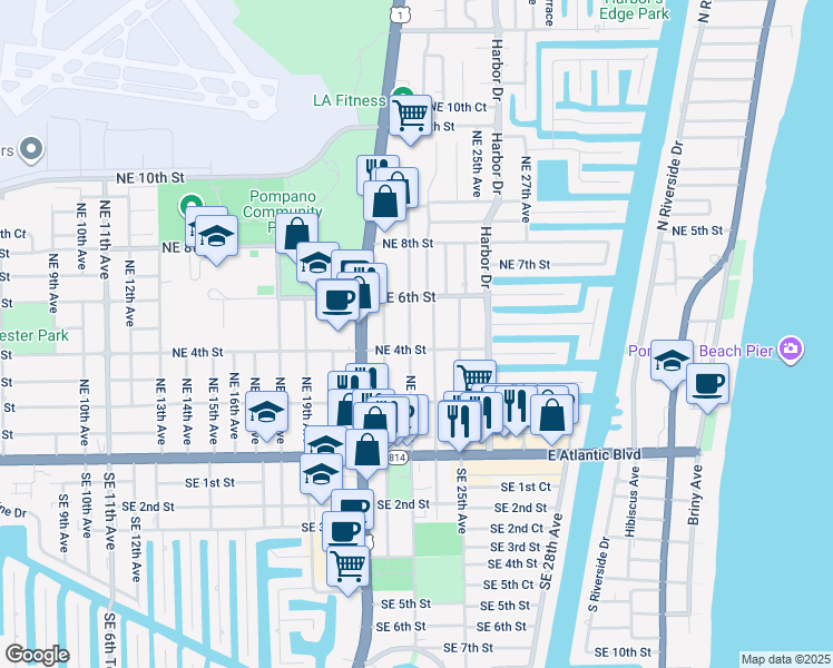 map of restaurants, bars, coffee shops, grocery stores, and more near 420 Northeast 24th Avenue in Pompano Beach
