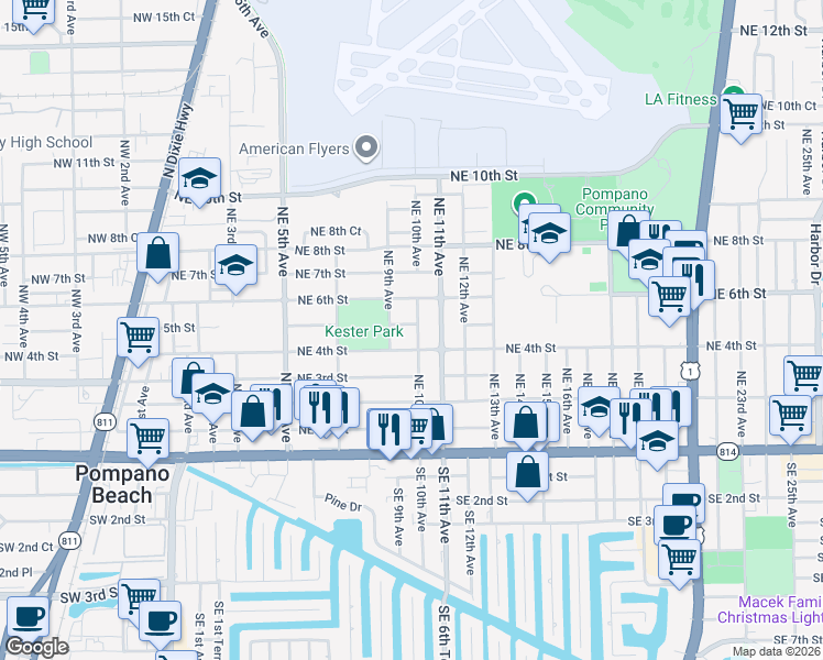 map of restaurants, bars, coffee shops, grocery stores, and more near 506 Northeast 10th Avenue in Pompano Beach