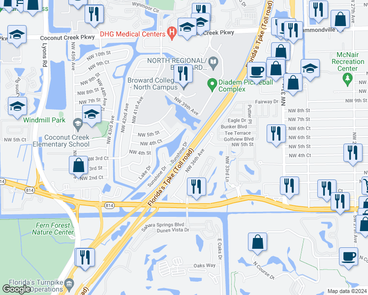 map of restaurants, bars, coffee shops, grocery stores, and more near 3890 Northwest 4th Court in Coconut Creek