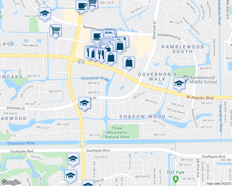 map of restaurants, bars, coffee shops, grocery stores, and more near 9188 West Atlantic Boulevard in Coral Springs