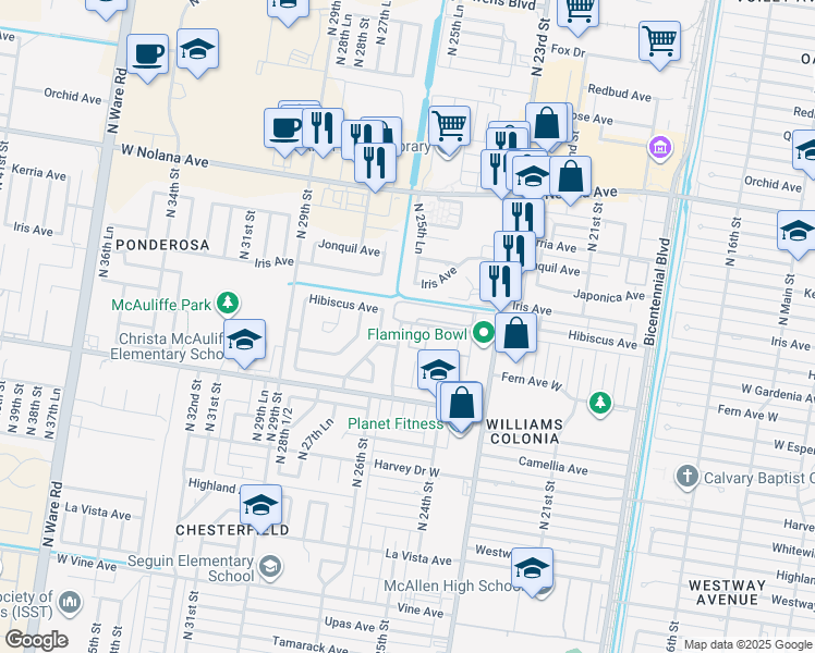 map of restaurants, bars, coffee shops, grocery stores, and more near 2512 Hibiscus Avenue in McAllen
