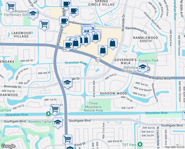 map of restaurants, bars, coffee shops, grocery stores, and more near 9188 West Atlantic Boulevard in Coral Springs