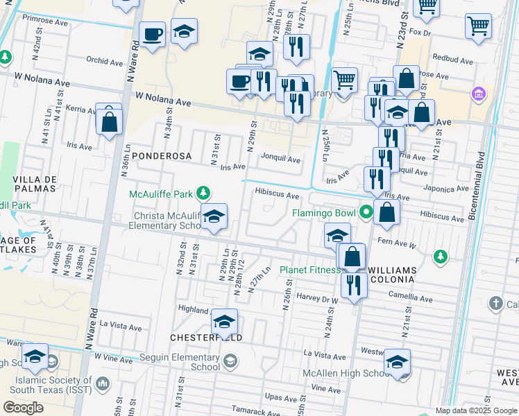 map of restaurants, bars, coffee shops, grocery stores, and more near 2804 Gardenia Circle in McAllen