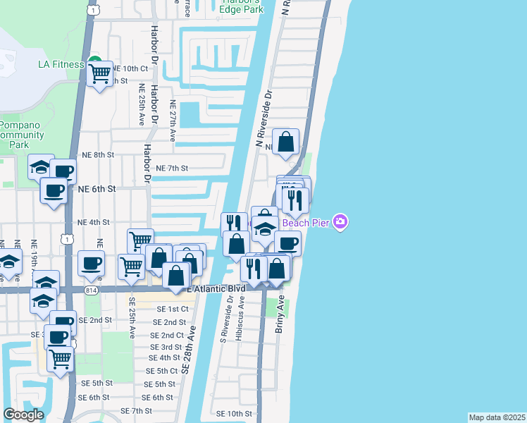 map of restaurants, bars, coffee shops, grocery stores, and more near 201 Florida A1A in Pompano Beach