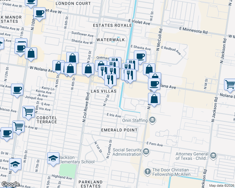 map of restaurants, bars, coffee shops, grocery stores, and more near 3808 North Cynthia Street in McAllen