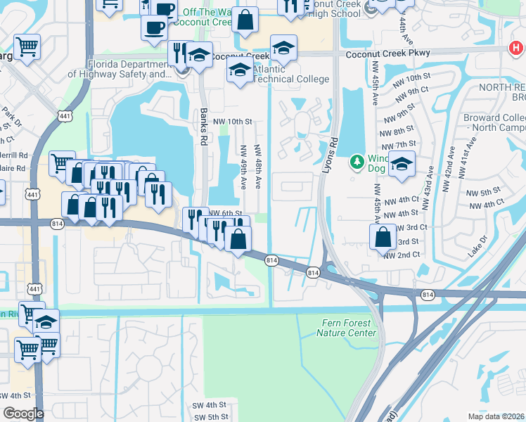 map of restaurants, bars, coffee shops, grocery stores, and more near 641 Northwest 48th Avenue in Coconut Creek
