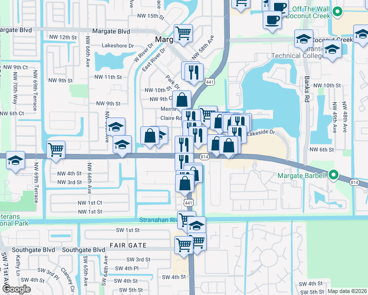map of restaurants, bars, coffee shops, grocery stores, and more near 573 Florida 7 in Pompano Beach