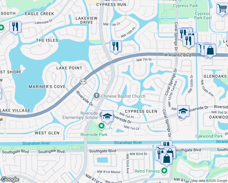 map of restaurants, bars, coffee shops, grocery stores, and more near 440 Northwest 113th Avenue in Coral Springs