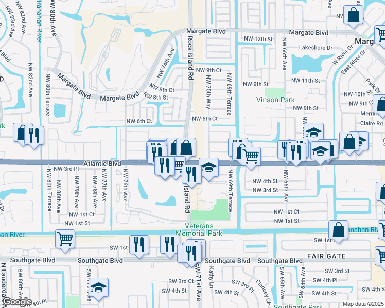 map of restaurants, bars, coffee shops, grocery stores, and more near 510 North Rock Island Road in Margate