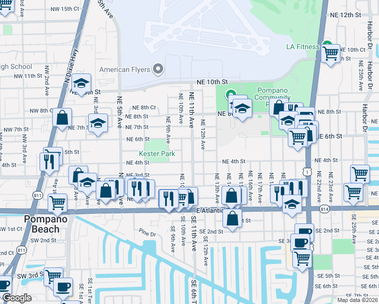 map of restaurants, bars, coffee shops, grocery stores, and more near 506 Northeast 10th Avenue in Pompano Beach